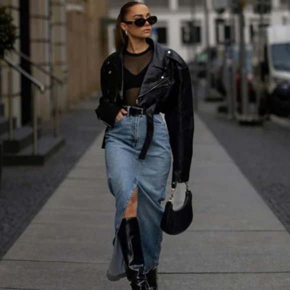 NWT ZARA LONG DENIM SKIRT NAVY BLUE - Picture 2 of 10